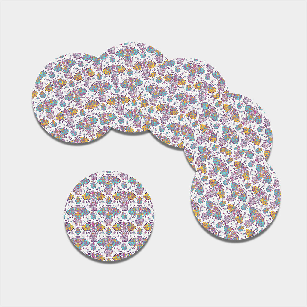 Indian Flower Elephant Pattern Print Leather Coaster Set