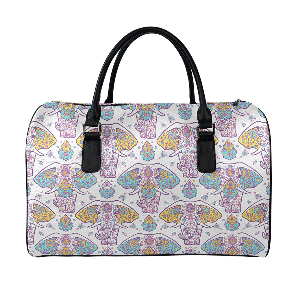 Indian Flower Elephant Pattern Print Leather Duffle Bag
