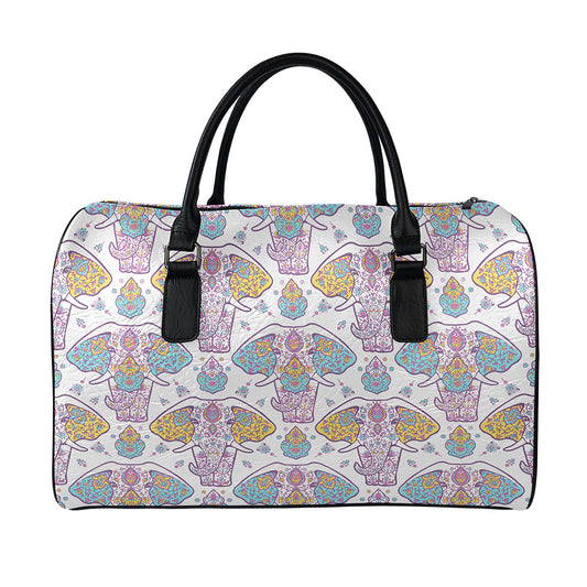 Indian Flower Elephant Pattern Print Leather Duffle Bag
