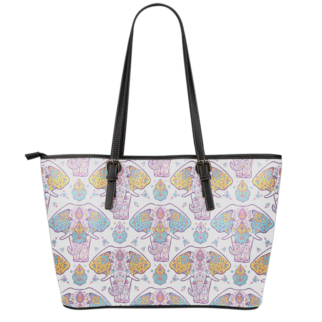 Indian Flower Elephant Pattern Print Leather Tote Bag