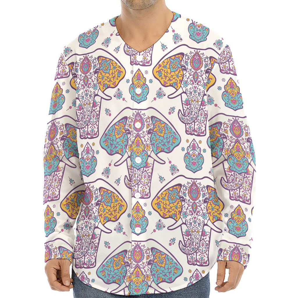 Indian Flower Elephant Pattern Print Long Sleeve Baseball Jersey