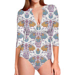 Indian Flower Elephant Pattern Print Long Sleeve Swimsuit
