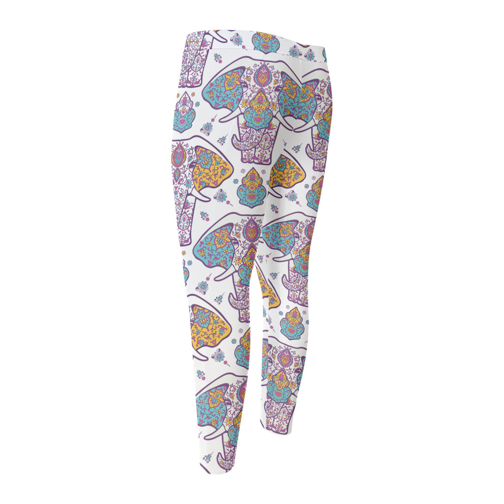 Indian Flower Elephant Pattern Print Men's Compression Pants