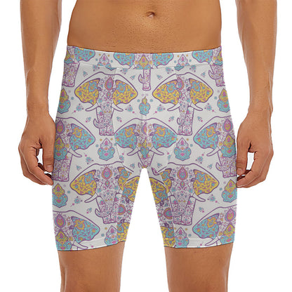 Indian Flower Elephant Pattern Print Men's Long Boxer Briefs