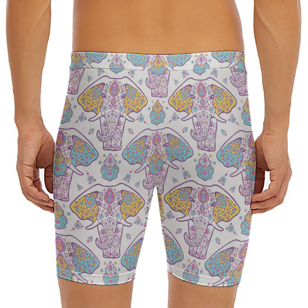 Indian Flower Elephant Pattern Print Men's Long Boxer Briefs