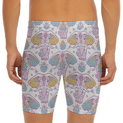 Indian Flower Elephant Pattern Print Men's Long Boxer Briefs