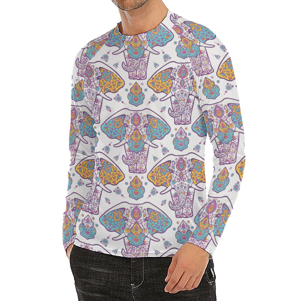 Indian Flower Elephant Pattern Print Men's Long Sleeve Rash Guard