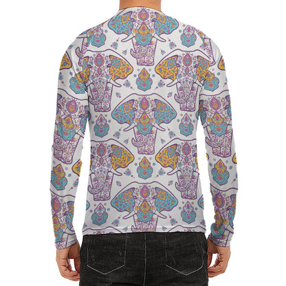Indian Flower Elephant Pattern Print Men's Long Sleeve Rash Guard