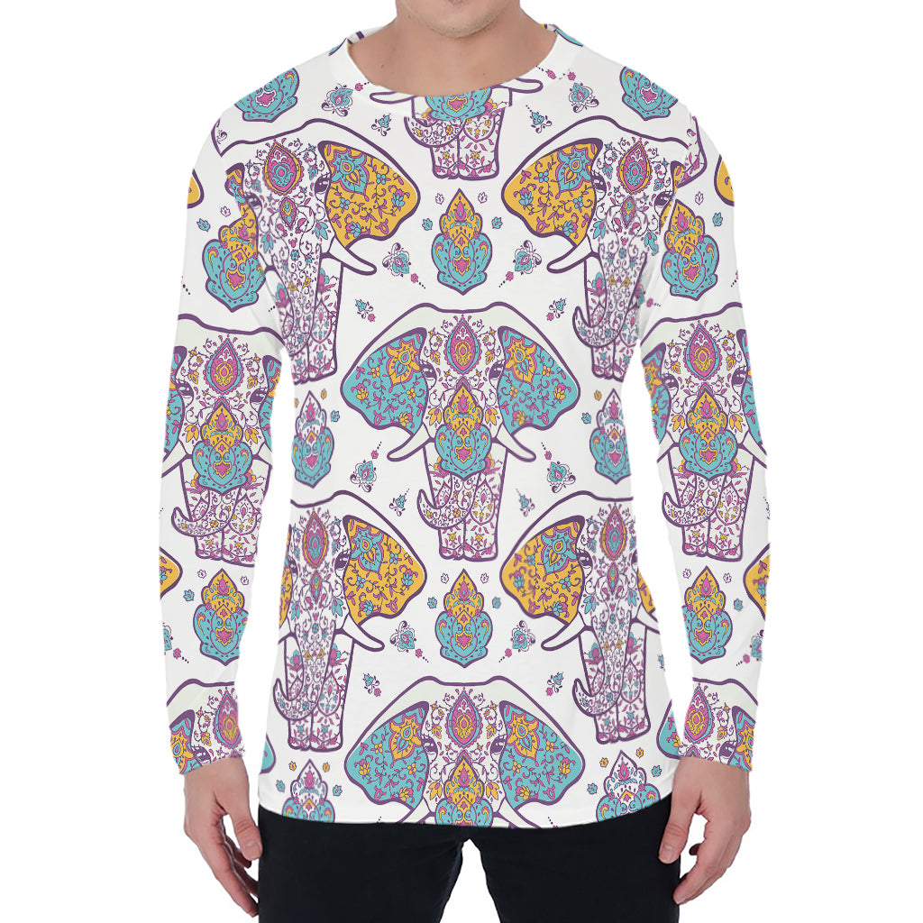 Indian Flower Elephant Pattern Print Men's Long Sleeve T-Shirt