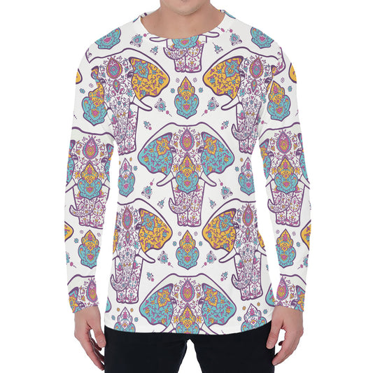 Indian Flower Elephant Pattern Print Men's Long Sleeve T-Shirt