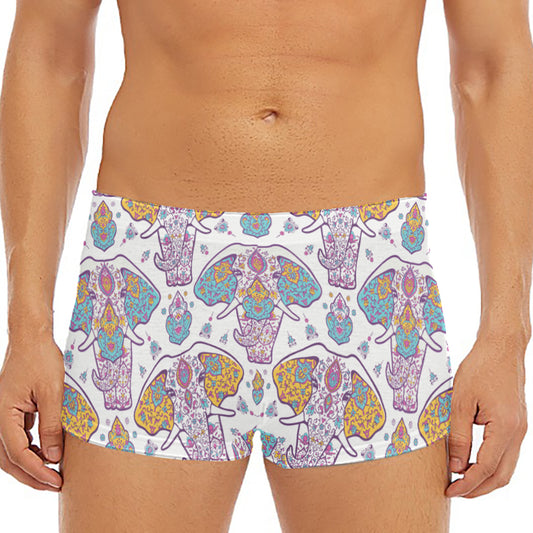 Indian Flower Elephant Pattern Print Men's Short Boxer Briefs