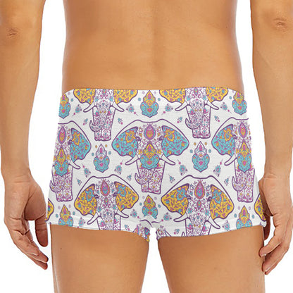 Indian Flower Elephant Pattern Print Men's Short Boxer Briefs