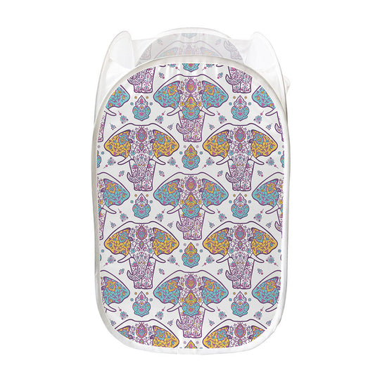 Indian Flower Elephant Pattern Print Mesh Laundry Hamper