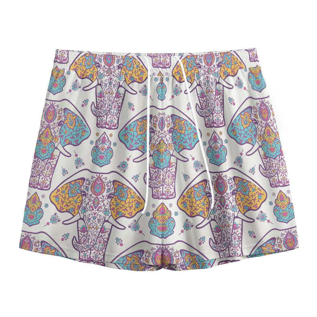 Indian Flower Elephant Pattern Print Mesh Shorts