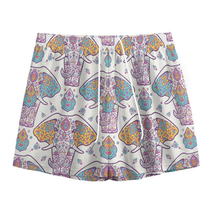 Indian Flower Elephant Pattern Print Mesh Shorts