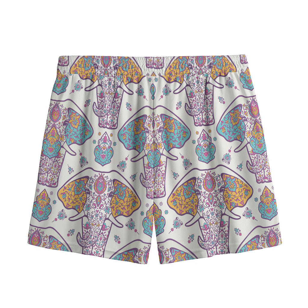 Indian Flower Elephant Pattern Print Mesh Shorts