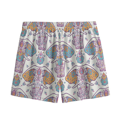 Indian Flower Elephant Pattern Print Mesh Shorts