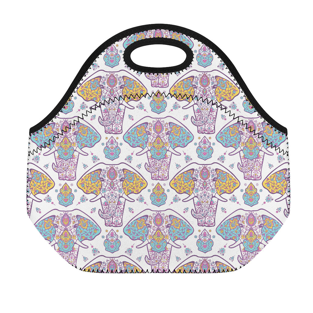 Indian Flower Elephant Pattern Print Neoprene Lunch Bag