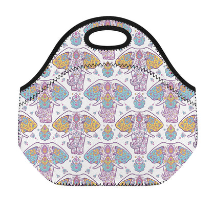 Indian Flower Elephant Pattern Print Neoprene Lunch Bag