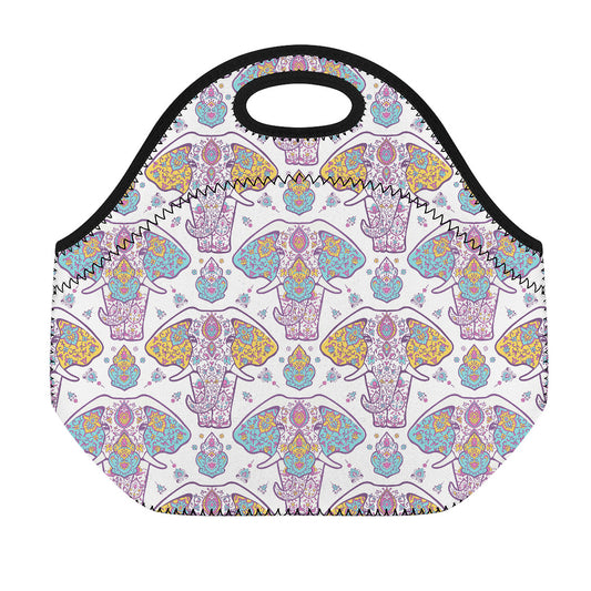 Indian Flower Elephant Pattern Print Neoprene Lunch Bag