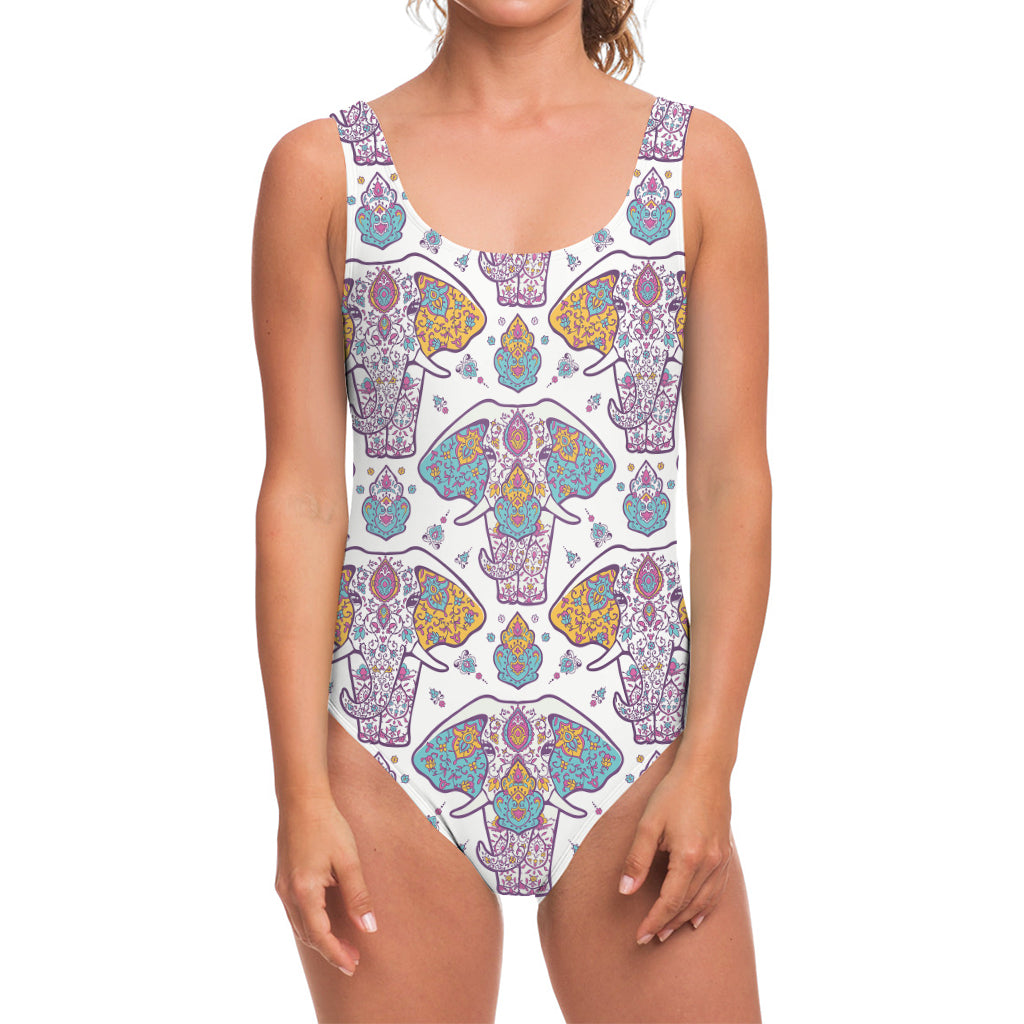 Indian Flower Elephant Pattern Print One Piece Swimsuit