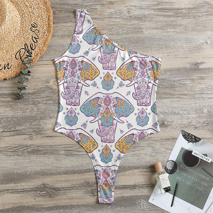 Indian Flower Elephant Pattern Print One Shoulder Bodysuit