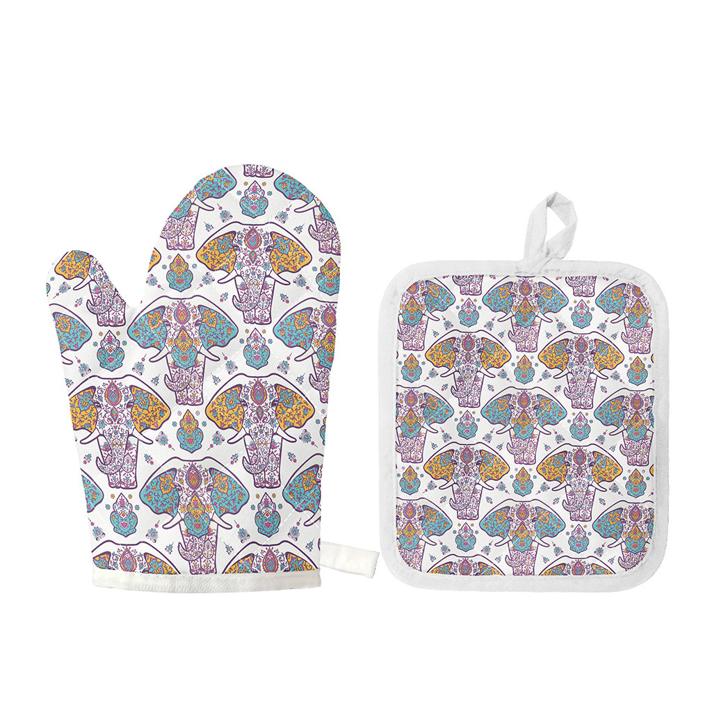 Indian Flower Elephant Pattern Print Oven Mitt And Pot Holder Set