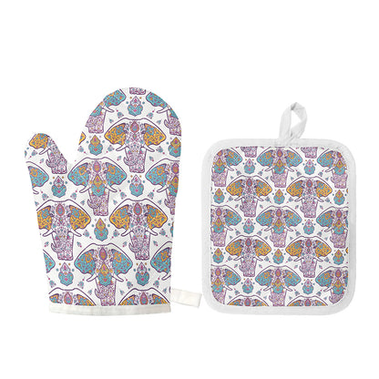 Indian Flower Elephant Pattern Print Oven Mitt And Pot Holder Set