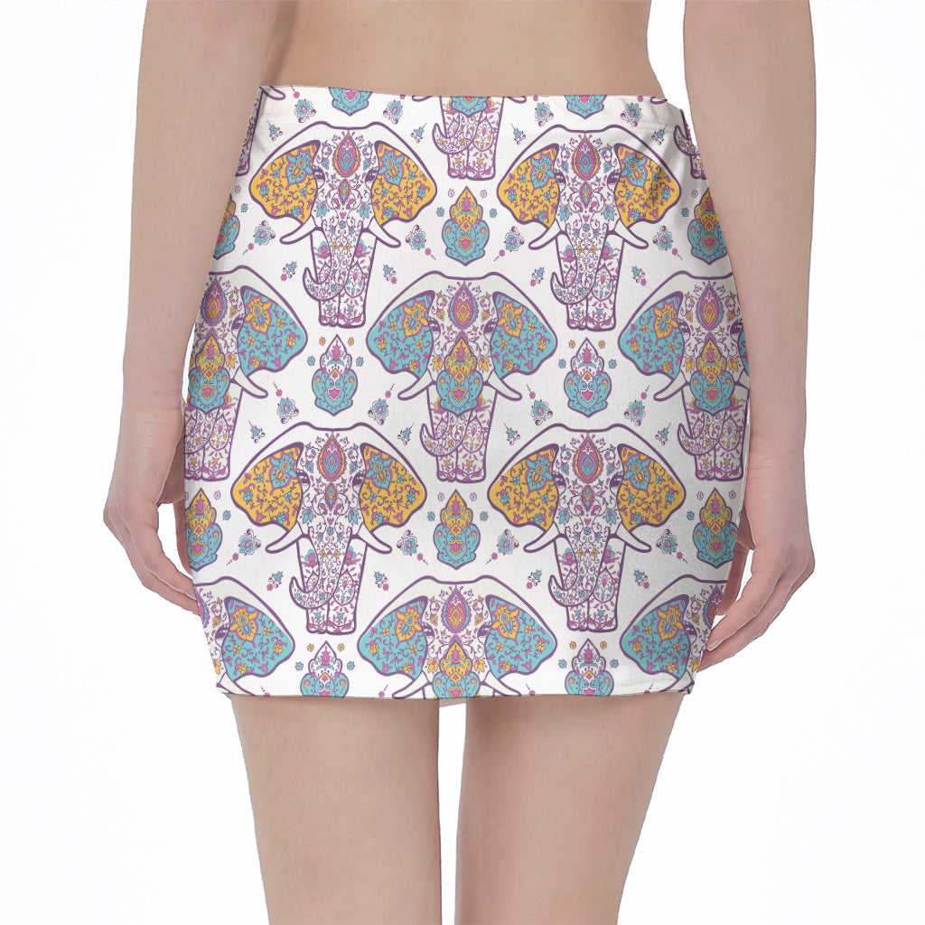 Indian Flower Elephant Pattern Print Pencil Mini Skirt