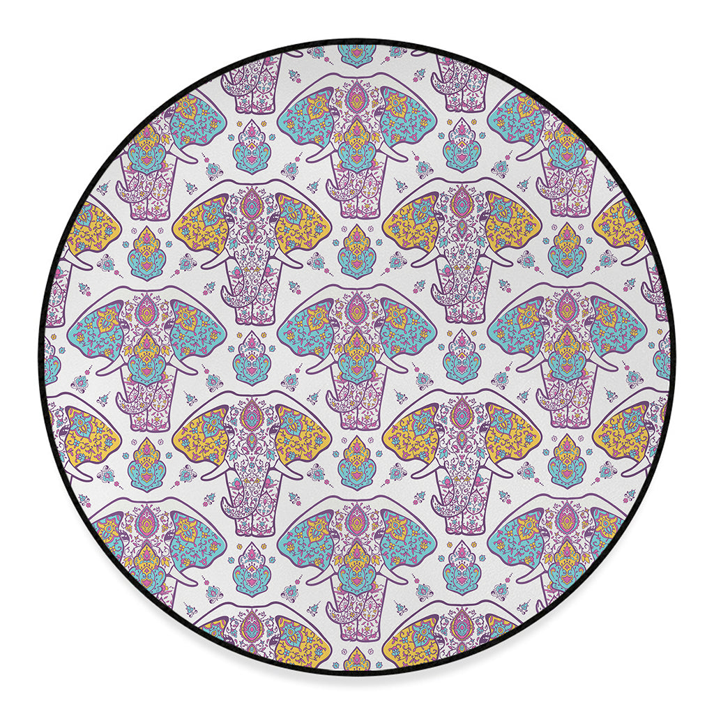Indian Flower Elephant Pattern Print Round Floor Mat