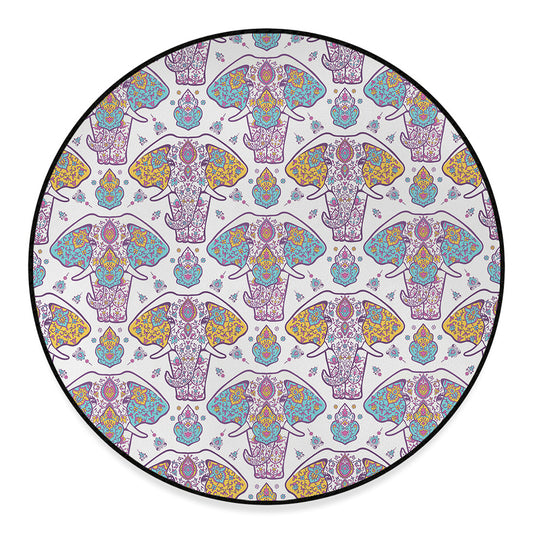 Indian Flower Elephant Pattern Print Round Floor Mat