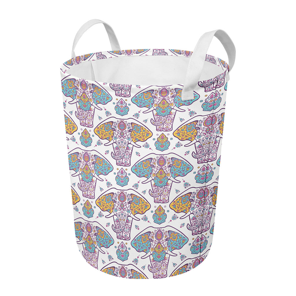 Indian Flower Elephant Pattern Print Round Laundry Basket