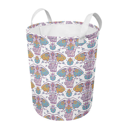 Indian Flower Elephant Pattern Print Round Laundry Basket