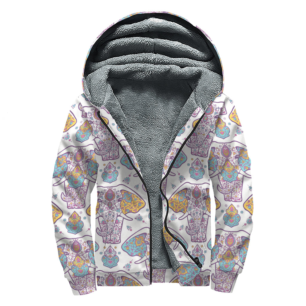 Indian Flower Elephant Pattern Print Sherpa Lined Zip Up Hoodie