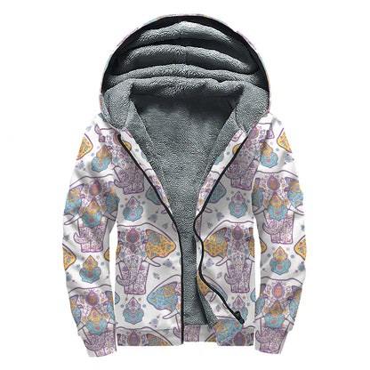 Indian Flower Elephant Pattern Print Sherpa Lined Zip Up Hoodie