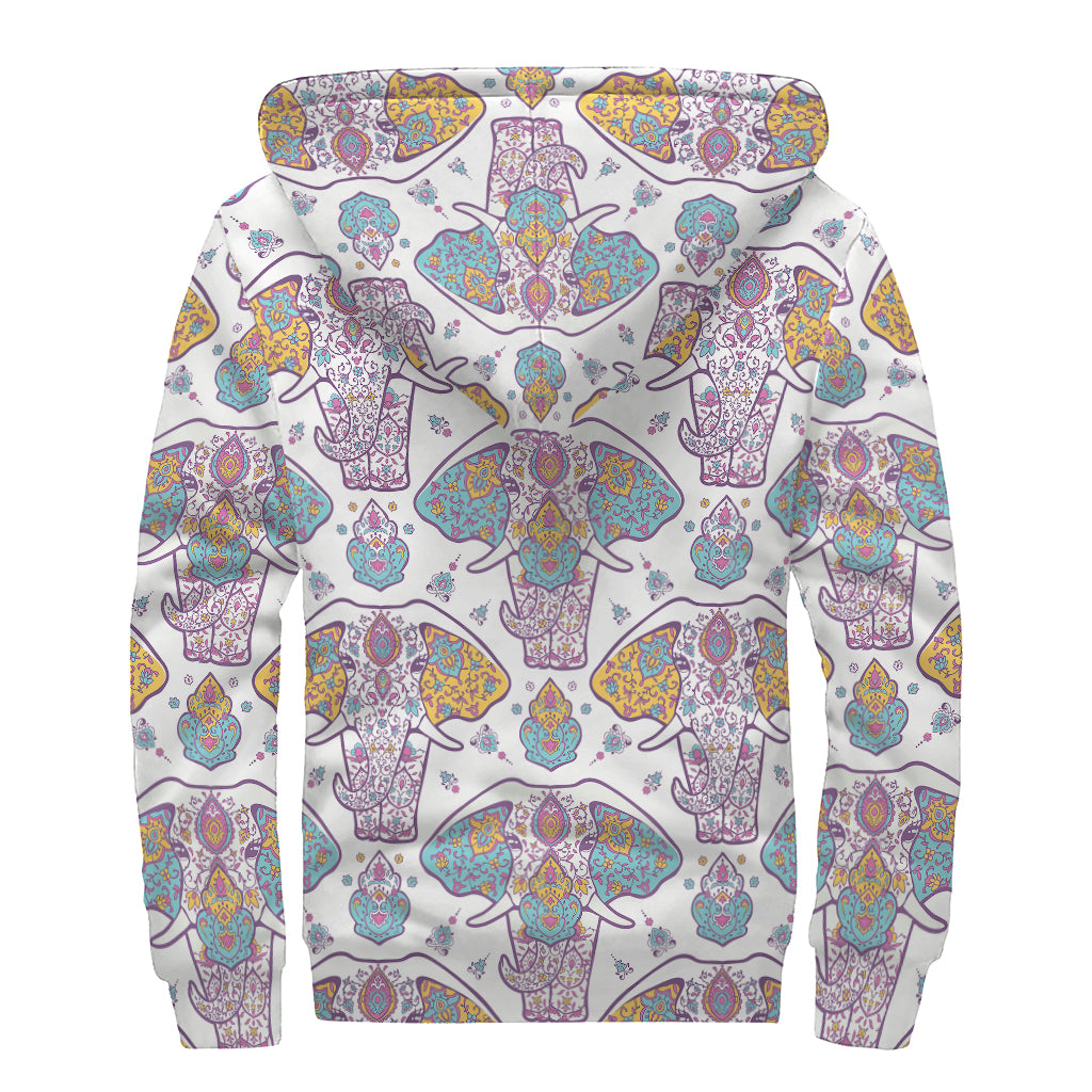 Indian Flower Elephant Pattern Print Sherpa Lined Zip Up Hoodie