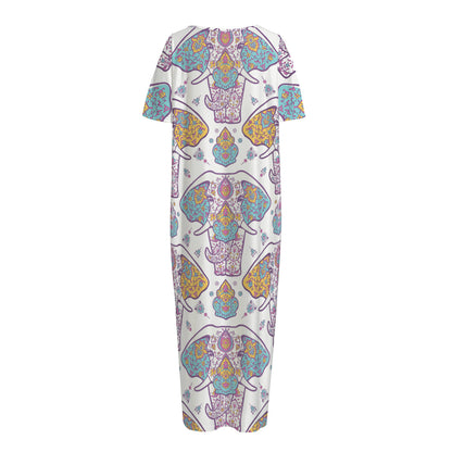 Indian Flower Elephant Pattern Print Short Sleeve Long Nightdress