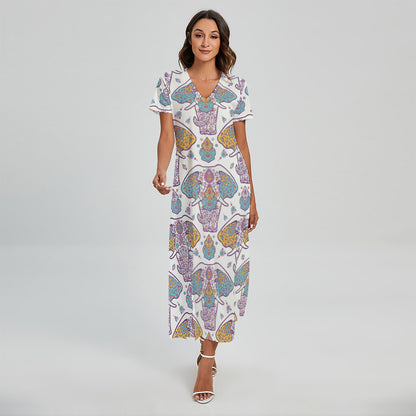 Indian Flower Elephant Pattern Print Short Sleeve Maxi Dress