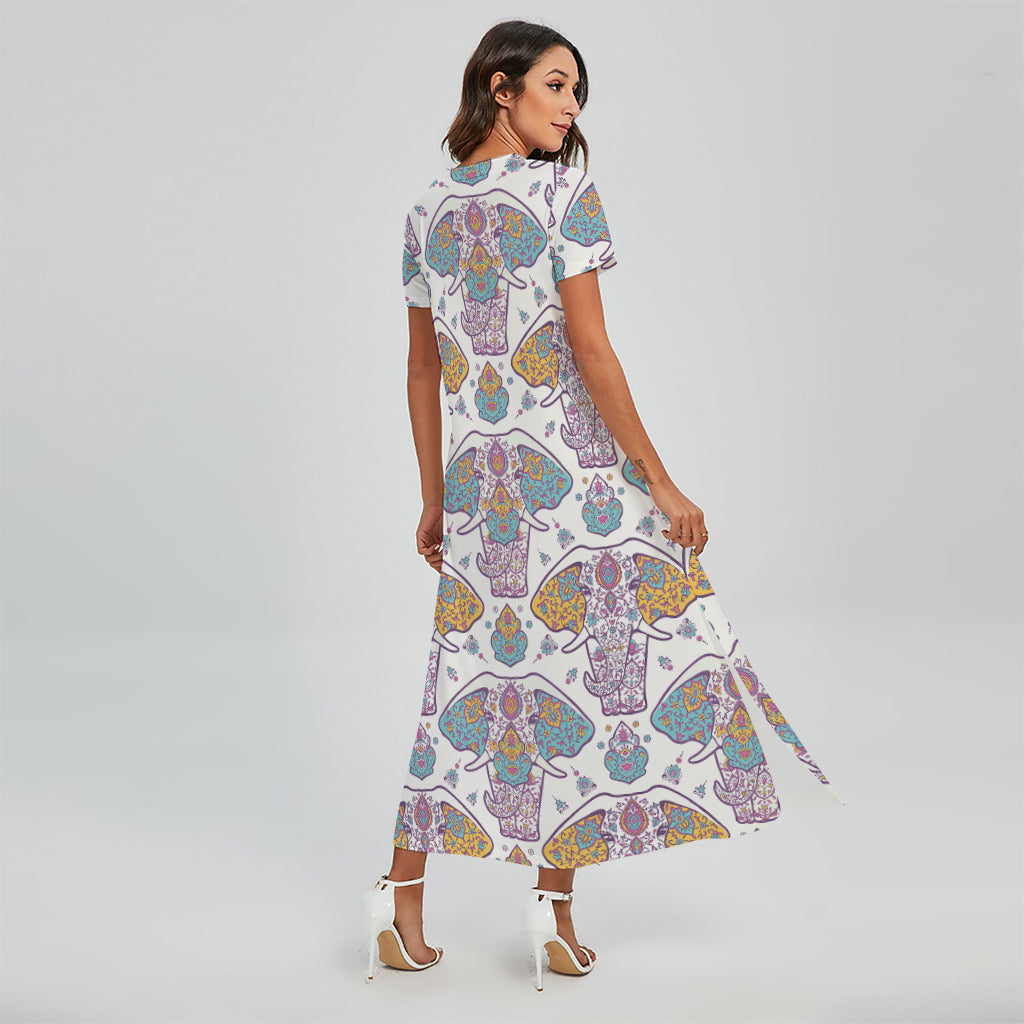 Indian Flower Elephant Pattern Print Short Sleeve Maxi Dress