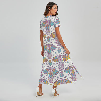 Indian Flower Elephant Pattern Print Short Sleeve Maxi Dress
