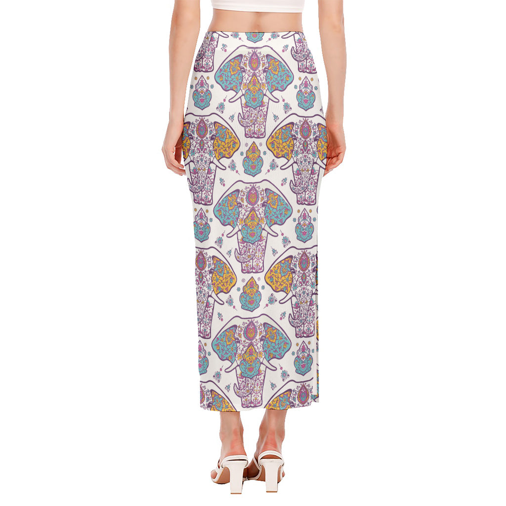 Indian Flower Elephant Pattern Print Side Slit Maxi Skirt