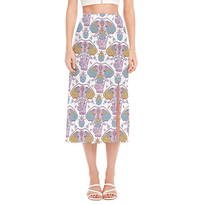 Indian Flower Elephant Pattern Print Side Slit Midi Skirt