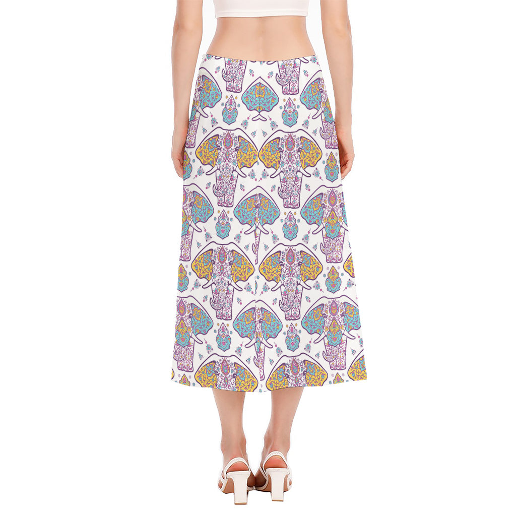Indian Flower Elephant Pattern Print Side Slit Midi Skirt