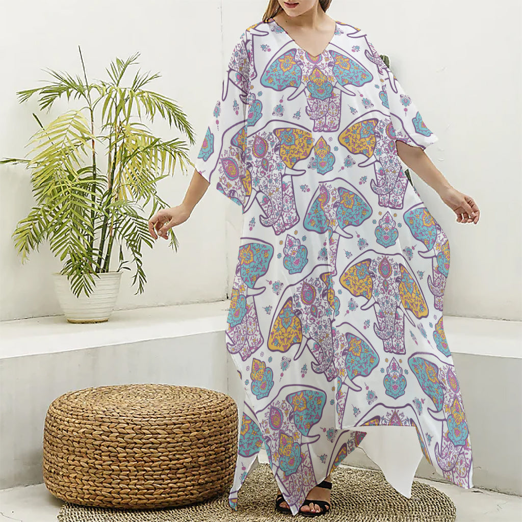 Indian Flower Elephant Pattern Print Silk V-Neck Kaftan Dress