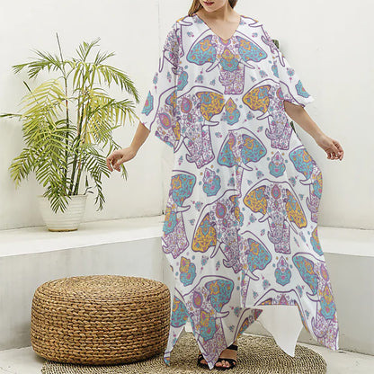Indian Flower Elephant Pattern Print Silk V-Neck Kaftan Dress