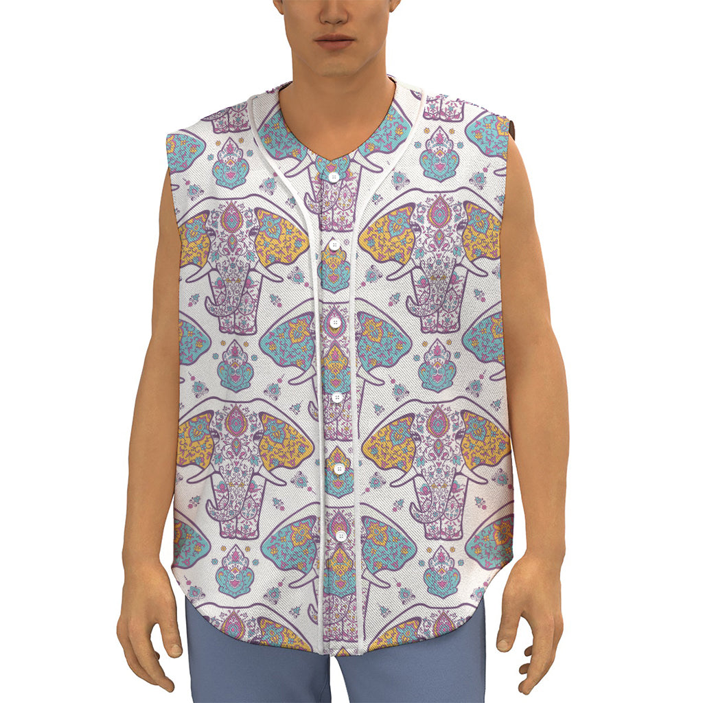 Indian Flower Elephant Pattern Print Sleeveless Baseball Jersey