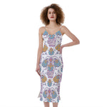 Indian Flower Elephant Pattern Print Slim Fit Midi Cami Dress
