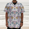 Indian Flower Elephant Pattern Print Textured Short Sleeve Shirt
