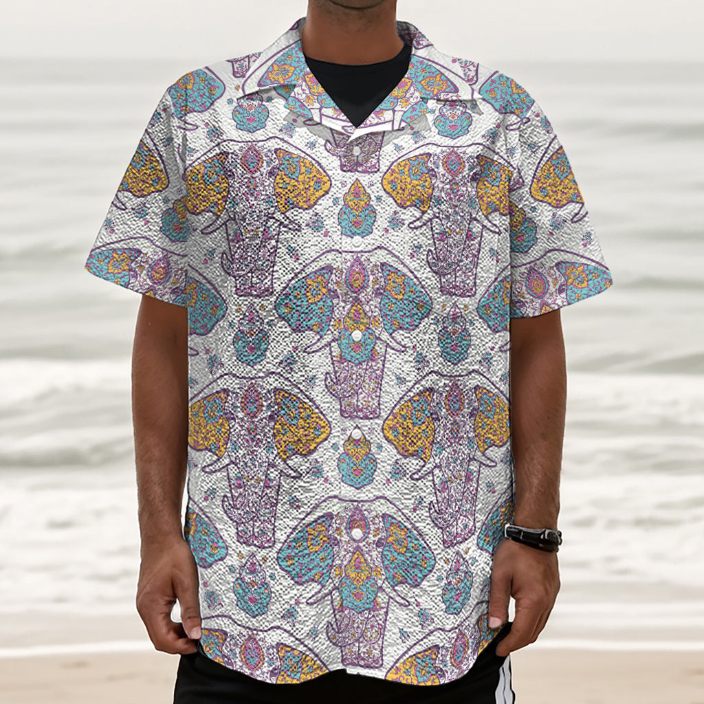 Indian Flower Elephant Pattern Print Textured Short Sleeve Shirt