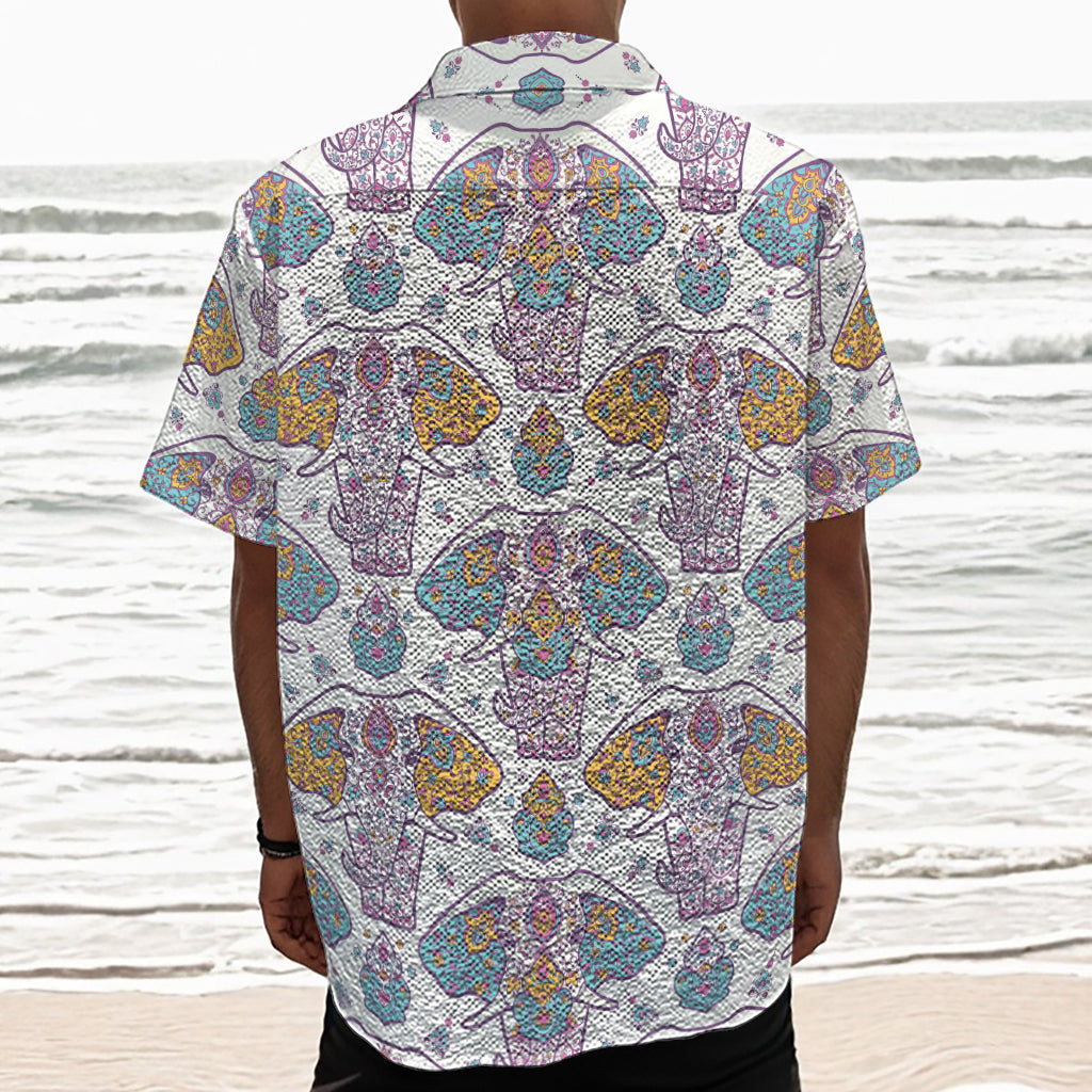 Indian Flower Elephant Pattern Print Textured Short Sleeve Shirt